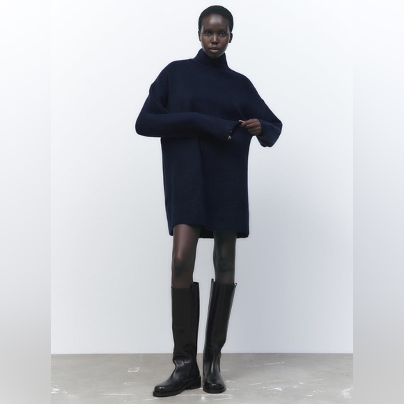 Zara Dresses & Skirts - Zara Soft Funnel Neck Navy Blue Swearer Dress- size Small